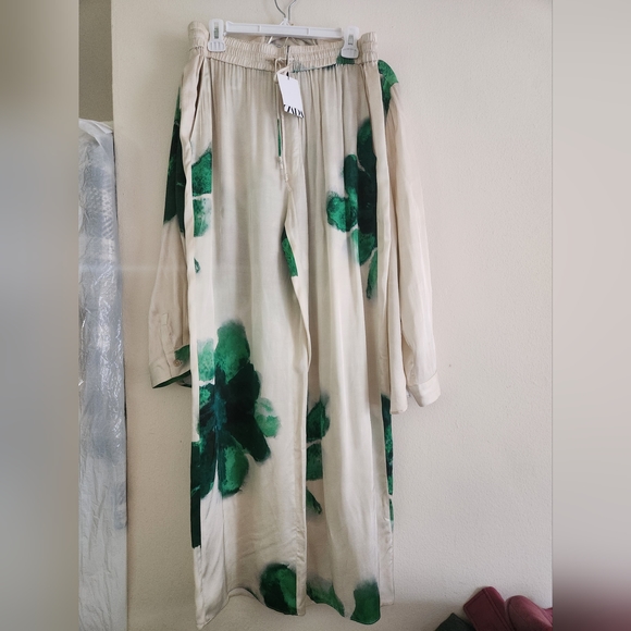 ZARA Co-ord Set Flowy Shirt & pajama Pants ZW Collection Floral Ecru/green Sz XL - Picture 5 of 12
